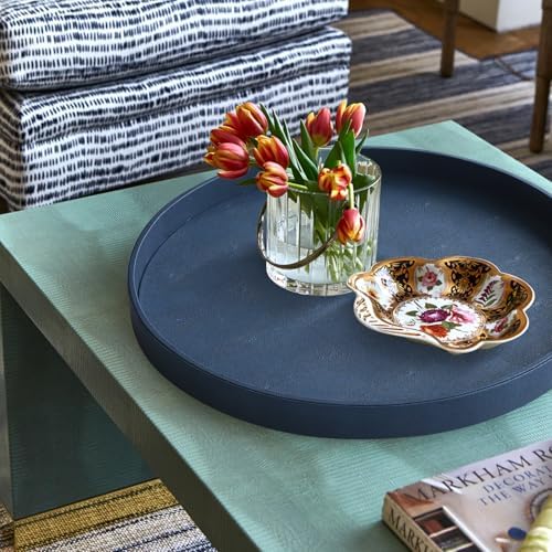 HofferRuffer Large Round Serving Tray 24'', Elegant Faux Leather Circle Ottoman Table Tray, Serve Tea Coffee Breakfast in Bedroom Living Room Kitchen (Blue) - Image 6