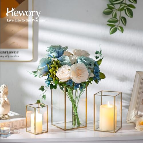 Hewory Glass Hurricane Candle Holder, 3Pcs Gold Rectangle Flower Holders - Image 4
