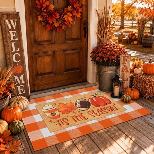 2 Pcs Fall Football Doormat, Layered Pumpkin Welcome Mat with Orange White Buffalo Plaid Mat, Tis The Season Autumn Maple Leaves Front Door Mats, Non Slip Seasonal Porch Decor for Entrance by Unknown