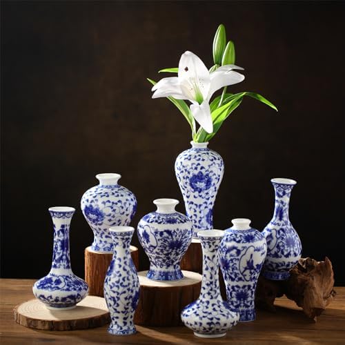 Dandat 8 Pcs Small Blue and White Ceramic Vase, Chinoiserie Floral,Rustic - Image 4