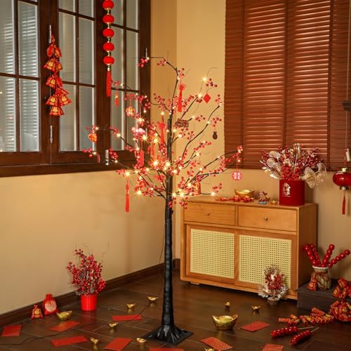 Aurelema 5 ft Lunar New Year Tree 80 LED, Red Lighted Tree with Lanterns - Image 5