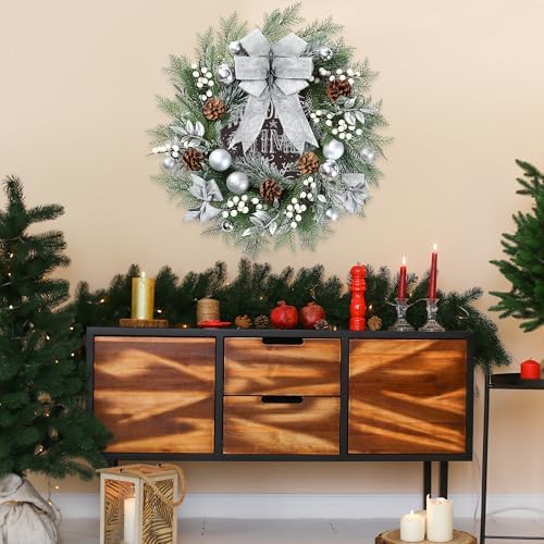 Sggvecsy 20 Inch Artificial Christmas Wreath for Front Door with Pine Needles White Berries Pine Cones Silver Bow Christmas Ball Decorations for Winter Wall Outdoor Home Holiday Xmas Decor - Image 5