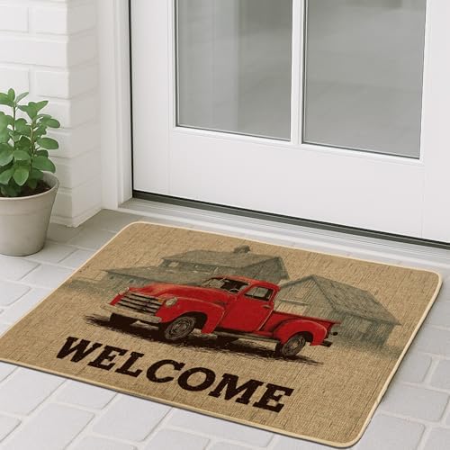 Vintage Red Truck Doormat, Farmhouse Outdoor & Indoor Entrance Decor, Seasonal Welcome Mat for Autumn & Holidays, Non-Slip Rubber Dust Absorbent Features 29x17 Inch - Image 3