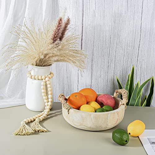 Paulownia Wood Bowl Rustic Wooden Dough Decorative Round Serving Key Bowl with Rope Handle and Wood Bead Garland for Christmas Tabletop Centerpiece Home Decor 9.5 inches - Image 7