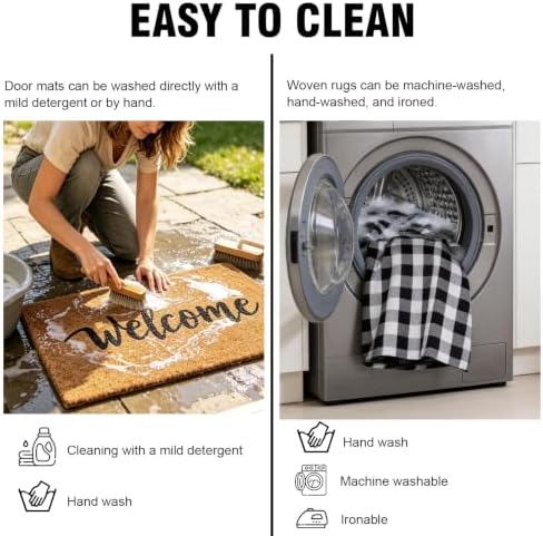 2-Piece Front Door Mat Set, Coir Welcome Mat & Black White Plaid Mat - Image 6