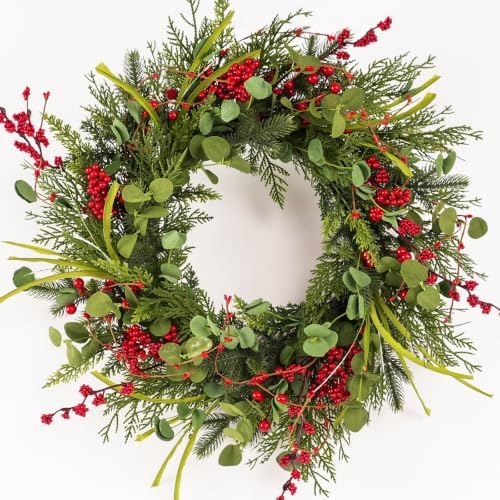 24 Inch Artificial Christmas Wreaths for Front Door with Eucalyptus, Red Berries for Outdoor Wall Farmhouse Holiday Xmas Decoration by Unknown