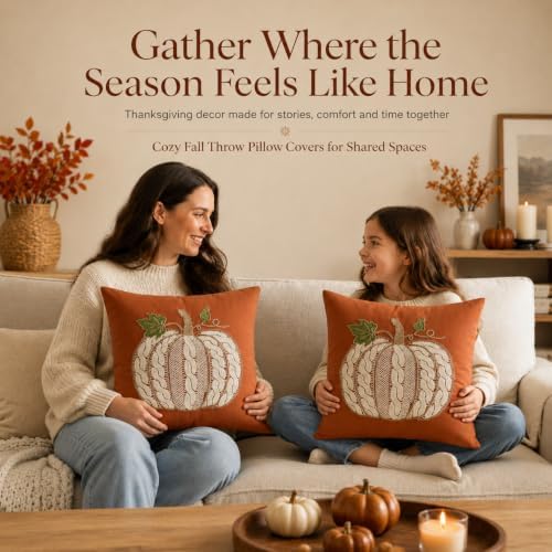 Embroidered Fall Throw Pillow Covers,18x18 Inch Set of 2,Rust Cable - Image 4