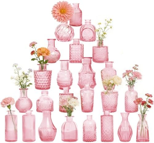 Petal Petite Small Pink Glass Bud Vase Set of 24 for Wedding Centerpieces by PetalPetite