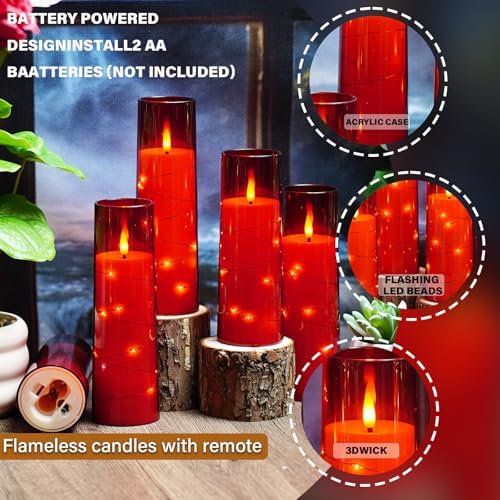 Nimiko Flickering Flameless LED Candles,Battery Operated Candles 24 Pcs with Embedded Star String,Acrylic LED Pillar Candles with Remote,Suitable for Home Decoration to Create an Atmosphere (Red) - Image 3