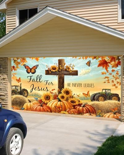 16X7Ft Fall for Jesus Garage Door Cover Banner Decorations, He Never Leaves Thanksgiving Backdrop Garage Door Autumn Backdrop Wall Decorations for Outdoor Home Yard Decor Party Photo Backgrounds - Image 4