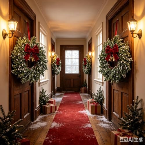 6 Set Christmas Hanging Wreaths Small Snow Flocked Artificial Cedar Wreaths with Red Velvet Ribbon Bronze Bells Mini Faux Greenery Wreath for Front Door Porch Cabinet Window Xmas Holiday Decorations - Image 4