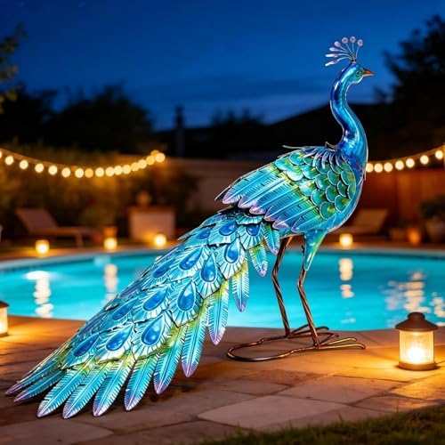 31" L Metal Peacock Garden Statue,Handcrafted Outdoor Yard Art by Unknown