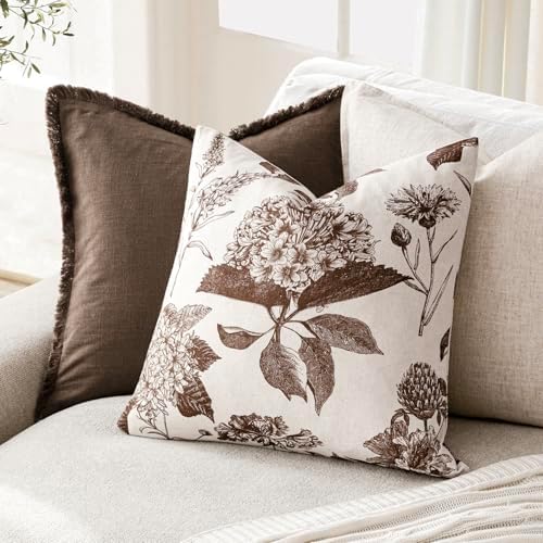 Foindtower Set of 2 Linen Floral Throw Pillow Covers Neutral Vintage Print Decorative Cushion Covers Farmhouse Boho Home Decor for Sofa Chair Couch Bedroom Living Room,18×18 Inch,Dark Brown - Image 4