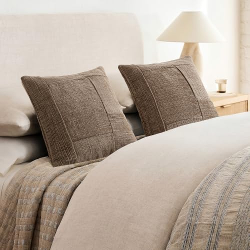Foindtower Set of 2 Decorative Patchwork Chenille Throw Pillow Covers Textured Modern Vintage Cushion Covers Neutral Boho Accent Home Decor for Sofa Chair Couch Bed Living Room,22×22 Inch,Light Brown - Image 6