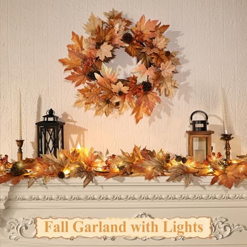 6 FT Lighted Fall Garland with Lights Autumn Automatic ON/Off Timer - Image 2