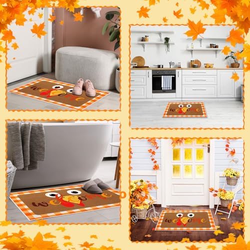 Tinideya 2 Pcs Thanksgiving Welcome Doormat 23x35 in Layered Buffalo Plaid Carpet Coquette Nonslip Fall Orange Turkey Bathroom Coir Mats for Entrance Porch Indoor Outside Home Decor Gift Supplies - Image 6