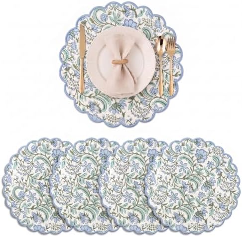 Ridhi Floral Block Print Round Placemats 15" in, Set of 4, Columbia Blue by Ridhi