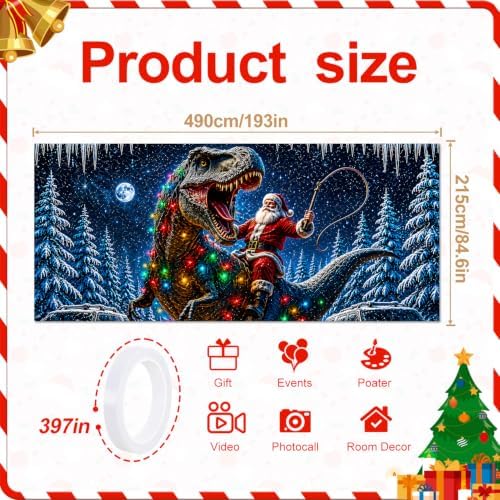 Funny Santa Riding T-Rex Christmas Garage Door Banner 7x16 FT, Large 2-Car Dinosaur Winter Wonderland Outdoor Wall Mural Backdrop, Cool Holiday Hanging Cover Sign Decoration for House Exterior Party - Image 2