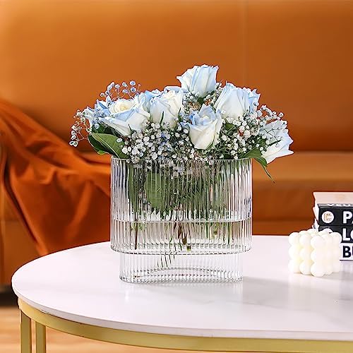 Ribbed Vase, Fluted Glass Vase for Flowers, Clear Flower Vases for Tulips, Modern Vases for Living Room, Dining Table, Office, Bedroom, Mantle, Shelf, Wedding, 7 Inch - Image 2