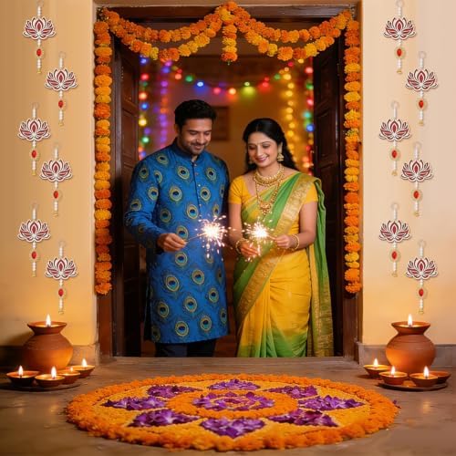 AHANDMAKER 12Pcs Lotus Flower Hanging Mixed Color Wooden Pooja Decoration 9.25 in Flower Shaped Backdrop Hanging for Diwali Home Temple Wall Room Decor Indian Pooja Items - Image 4