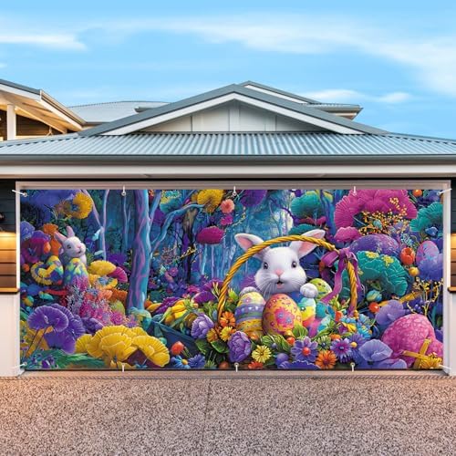 7 * 16FT Summer Garage Door Cover Decorations Sunset Palm Trees Garage Door Banner for Outdoor Indoor Summer Party Photography Backdrop (easter bunny, 7 * 16 ft) - Image 4