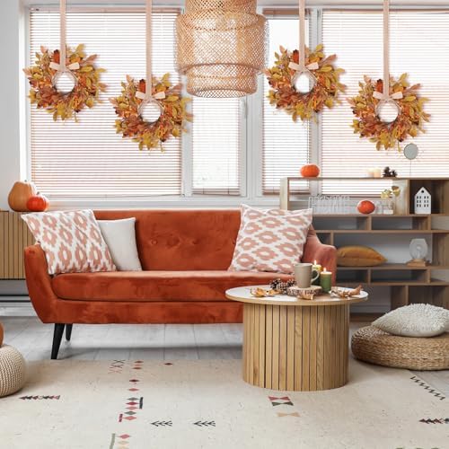 6 PCS 9" Mini Fall Wreaths for Kitchen Cabinets Fall Wreaths for Front Door Autumn Wreath with Golden Eucalyptus Leaves Oak Leaves with Ribbon for Farmhouse Home Wall Window Festival Wedding Decor - Image 5