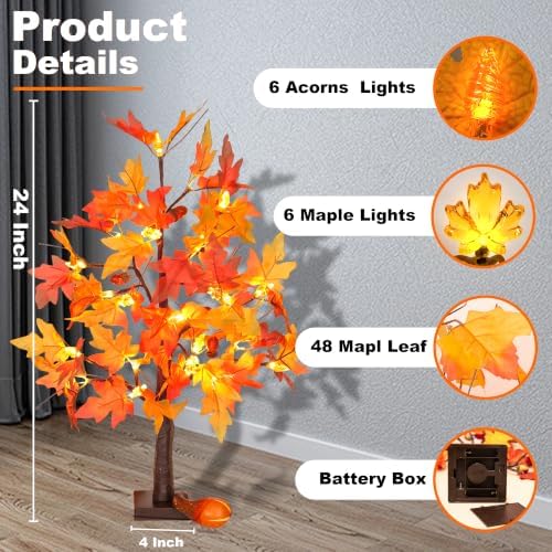 2 Pack 24 Inch Prelit Fall Maple Tree Fall Thanksgiving Decorations with 48 LEDs Battery Operated Timer Lighted Acorn Maple Artificial Tabletop Light Up Tree for Home Indoor Thanksgiving Table Decor - Image 4