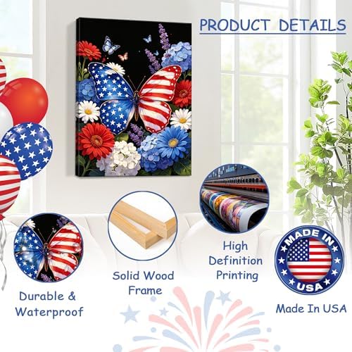 July 4th Patriotic Canvas Wall Art 4th of July USA Decorations American Flag and Butterfly Picture Wall Decor Independence Day Home Decor 24x32in - Image 4