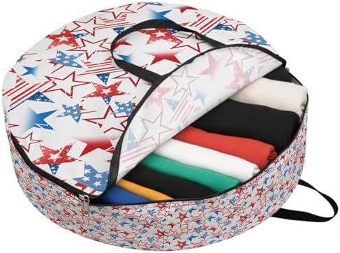 Independence Day Round Storage Bag 24 Inch, American Flags Blue Red Stars Memorial Day Clothes Storage Container with Handles Heavy Duty Organizer for Comforter, Bedding & Holiday Wreaths by Unknown