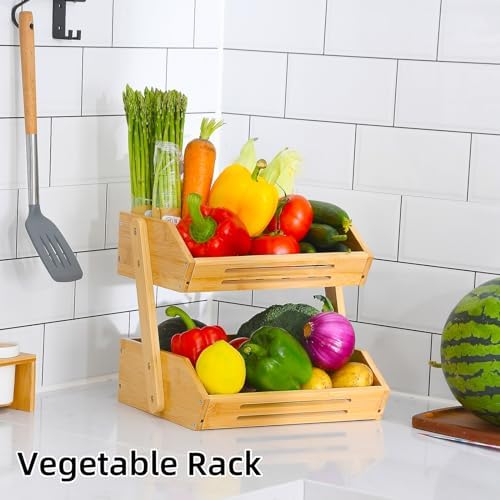 VIKEYHOME 2-Tier Bamboo Fruit Basket - 11" Tall Kitchen Countertop Stand - Image 6