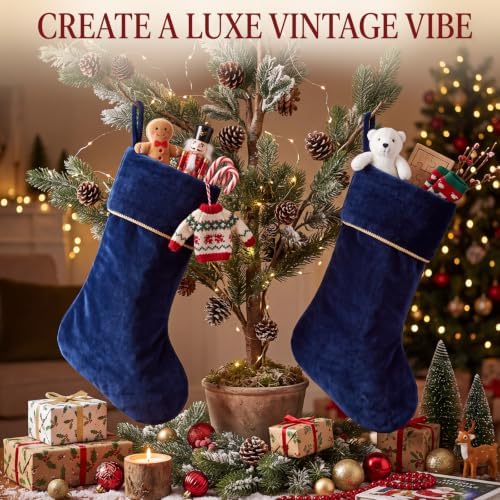 Ganeen 4 Pcs 18 in Velvet Christmas Stockings Hanging Stocking, Navy Blue - Image 2