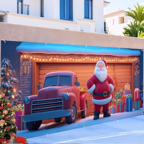 Santa and Truck Christmas Garage Door Banner 7x16FT, Holiday Scene with Santa, Gifts, and Vintage Truck, Large Outdoor Xmas Decoration for Garage Doors - Image 6
