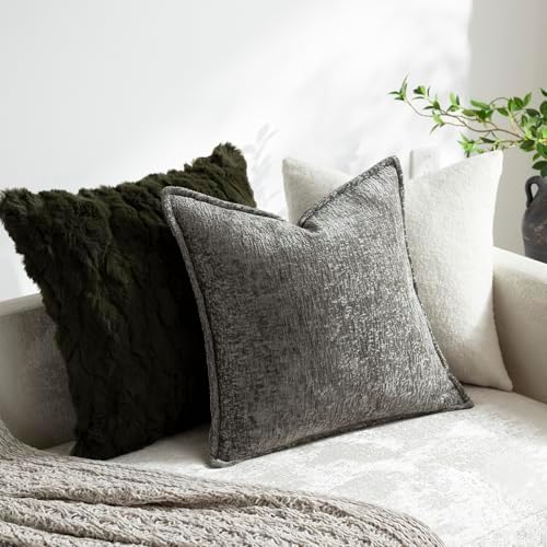 DEZENE Pack of 2 Grey Decorative Throw Pillow Covers 24x24 Cozy Soft Chenille Accent Vintage Square Couch Pillow Covers for Home Decor Bed Sofa Living Room - Image 4