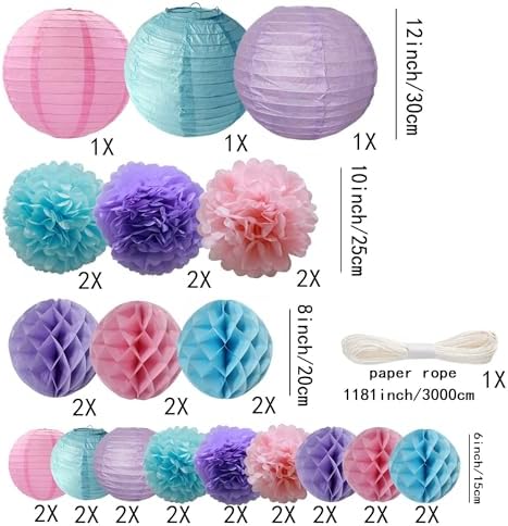 WOLHOWLTD Mermaid Theme Paper Decoration Set - 33 Pcs Paper Lanterns, Pompoms, Honeycomb Decorations for Mermaid Theme, Baby Shower,Wedding Rainbow Birthday Party Home Decoration(Pink Blue Purple) - Image 2