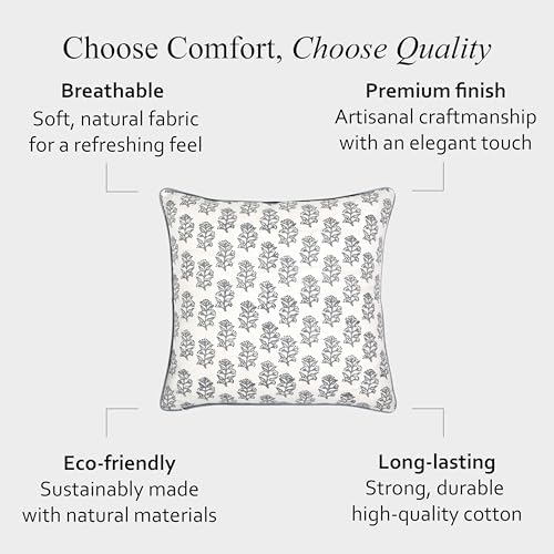 CPC Misty Grey Floral Block Print Throw Pillow Covers 20x20 Inch, Set of 2 - Image 6