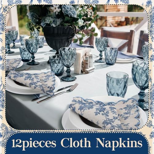 Christmas Cloth Napkins, 24 Pcs, Blue Floral with Light Blue - Image 6