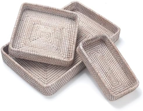 Rattan Serving Tray, Rectangular Woven Tray, Natural Wicker Decorative Serving Baskets for Organizing Tabletop Bathroom Kitchen Counter (White) by YANGQIHOME