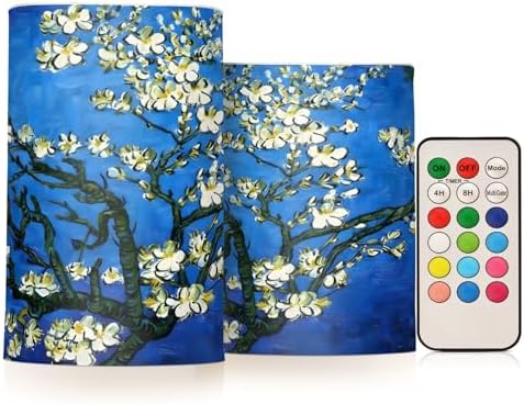 ALAZA Van Gogh Almond Blossom Flickering Flameless Candles Battery Operated with Remote Timer,Tea Light Candles LED Pillar Votive Candles Set of 2 for Outdoor Indoor Decorations by ALAZA