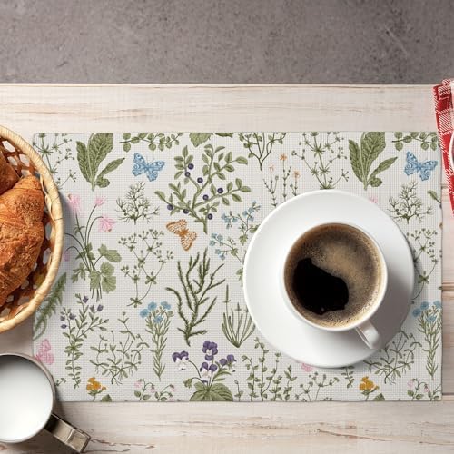 Spring Floral Placemats Set of 6, Natural Garden'S Spring Floral Botanical Butterfly Kitchen Dining Party Washable Table Runner Decor, 12x18 Inches - Image 3