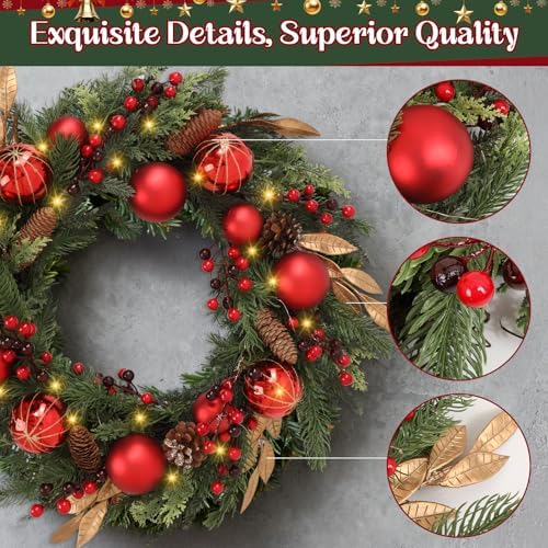 24 inch Christmas Wreath, Christmas Wreath for Front Door, Christmas Door Wreath Decor for Xmas Indoor Outdoor Holiday Decor (Red Ball) - Image 6