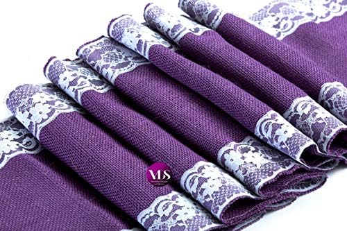 VDS Pack of 25, Burlap Table Runner with White Lace Edge, 100% Natural Jute Rustic Hessian Table Cloth Centerpiece for Wedding Birthday Party Banquet Table Decoration (Size 12X108 Inch)(Lavender) - Image 2