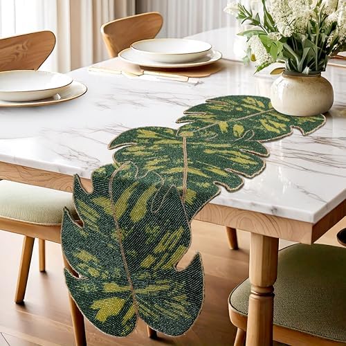 Monstera Leaf Beaded Table Runner 13 x 36 Inch, Handmade Glass Bead Runner for Dining Table, Coffee Table & Console Table, Tropical Farmhouse Centerpiece Decor for Holidays, Weddings & Everyday Use - Image 3