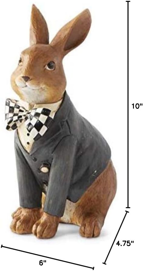 K&K Interiors 20337A 10 Inch Resin Sitting Bunny with Harlequin Bow Tie, Brown - Image 2