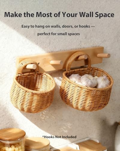 2 Pack Wall Hanging Rattan Baskets, Hand-Woven Storage Basket, Small Wall Hanging Baskets for Kitchen, Washable Decorative Basket, Potato Garlic Onion Storage Baskets - Image 3