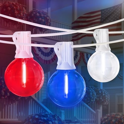 LAMPHOME 26Ft LED G40 Red White and Blue Lights Outdoor 4th of July Lights with12+1 Shatterproof Bulbs for Patriotic Decor in Yard Garden Patio - Light up Memorial Day 4th of July Decorations Outdoor by ULL