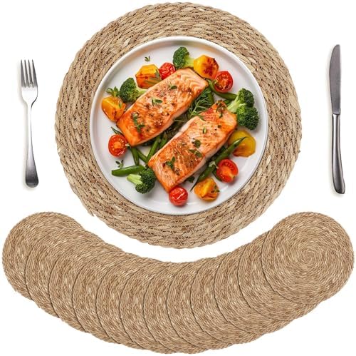 Kochorie Set of 12 Round Woven Placemats 15 Inch Bulrush Placemats Natural Handwoven Boho Rattan Wicker Table Mats for Farmhouse & Home Dining by Kochorie