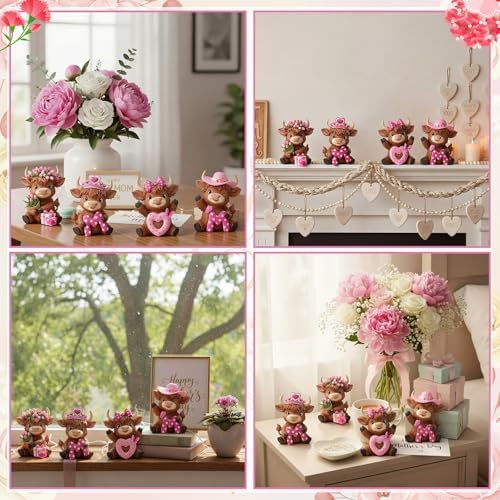 Simgoing 4 Pack Gifts for Mom Highland Cow Figurines Pink Highland Cow Statue Home Decor Love Mom Cattle Statues for Mother's Birthday Home Tabletop Centerpieces Garden Decor Calf Lovers Gifts - Image 5