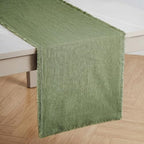 KINGSTONE 14 x 108 Inches Frayed Edge Table Runner, 270G Heavyweight Sand Washed Slub Texture Cotton Linen for Modern Farmhouse, Rustic Home Decorations Dining Room Wedding Boho Decor, Moss Green by KINGSTONE