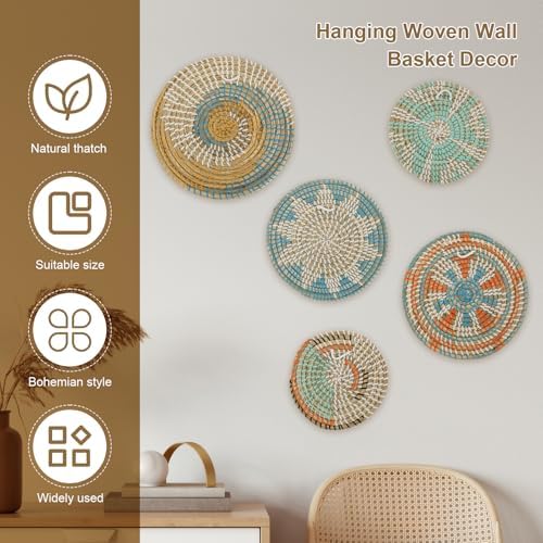 5 Pcs Boho Wall Basket Decor, Hanging Woven Wall Basket Decorative, Rattan Wall Basket Set, Round Woven Hanging Art, Woven Wall Plates Decor for Home Farmhouse Kitchen Table Living Room - Image 2