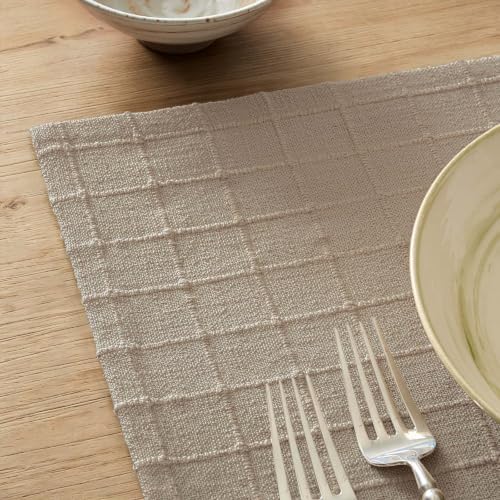 ZeeMart Artisanal Grid Decorative Linen Placemats Set of 6, Oatmeal - Image 2